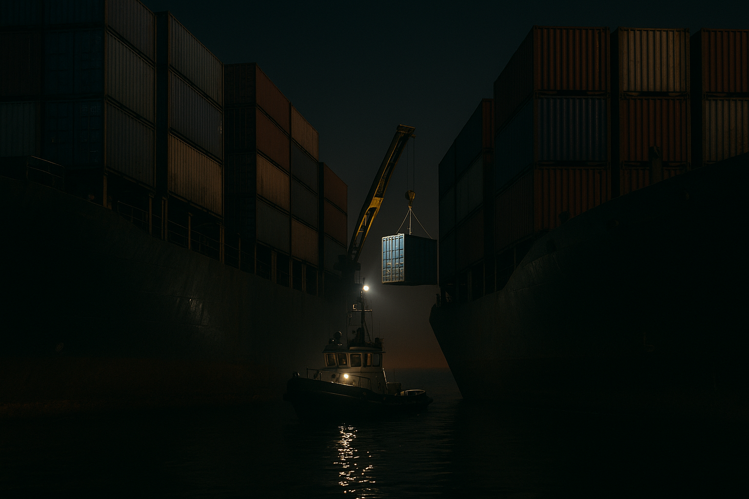 نمایی واقعی از بندر و کشتی در شب، نمادی از تجارت سایه‌ای در مسیرهای پنهان جهانی